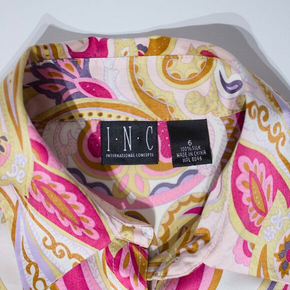 INC 100% Silk Pink Floral Paisley Button Up Top Blouse Long Sleeve Women Size 6 - Picture 10 of 15